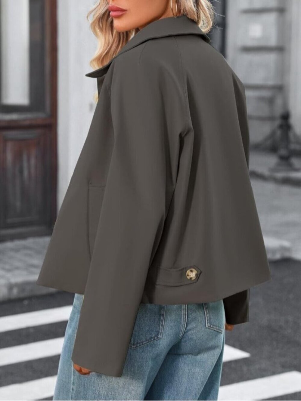 Women Grey Cropped Plaid Cuff Button Front Single Breasted Lining Trench Coat - Picture 2 of 6
